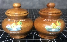 Vintage Hand Painted Philippines Wooden Salt Pepper Shakers Kitchen Asian Rustic