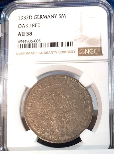 GERMANY 1932D 5 MARK OAK TREE AU 58 NGC