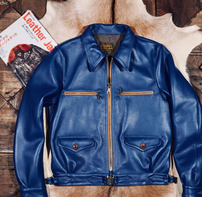 Vegetable Tanned Indigo Cowhide Men's Classic Leather Aviator Jacket