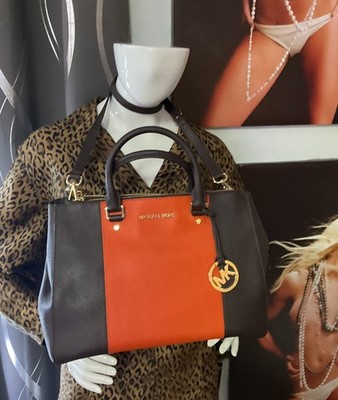 Michael Kors Sutton Center Stripe Coffee/Orange Large Satchel - Brand New
