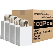 White Paper Bags with Handles Bulk 8"x4.5"x10.8" 100Pcs Gift Bags Medium Size...