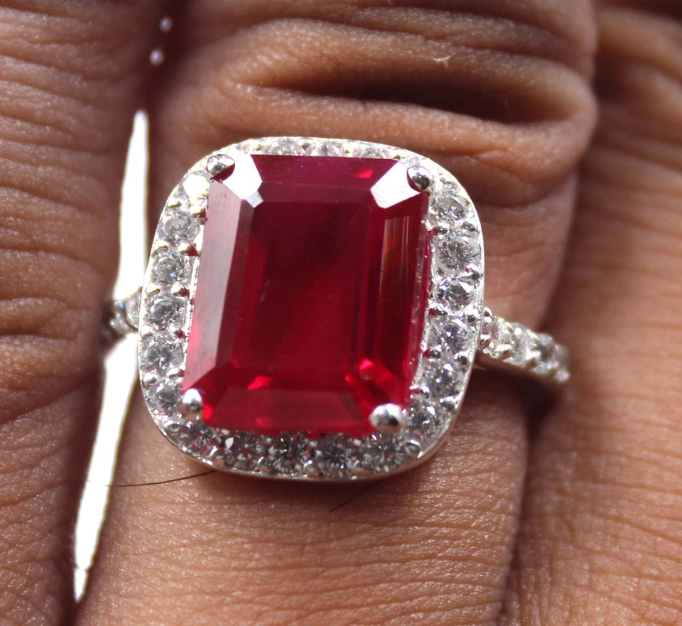 Anillo de gemas de plata maciza Birmania certificado rubí rojo 23,40 quilates tamaño 6,5 gemas 5NK Foto 3 de 4