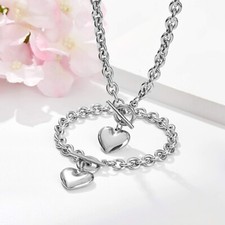 Womens Charm Stainless Steel Rolo Chain Love Heart Toggle Bracelet Necklace Set