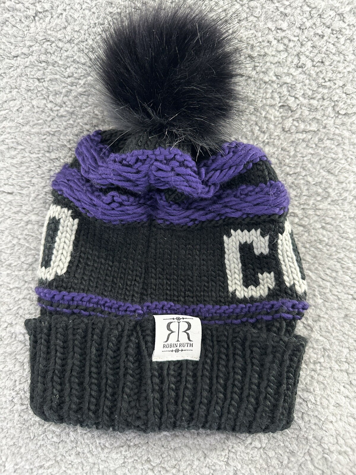 Robin Ruth Colorado Pom Pom Knit Hat Beanie One Size Black / Purple | eBay