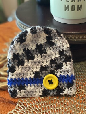 Baby hat crochet beanie infant 0-6 months blue stripe yellow