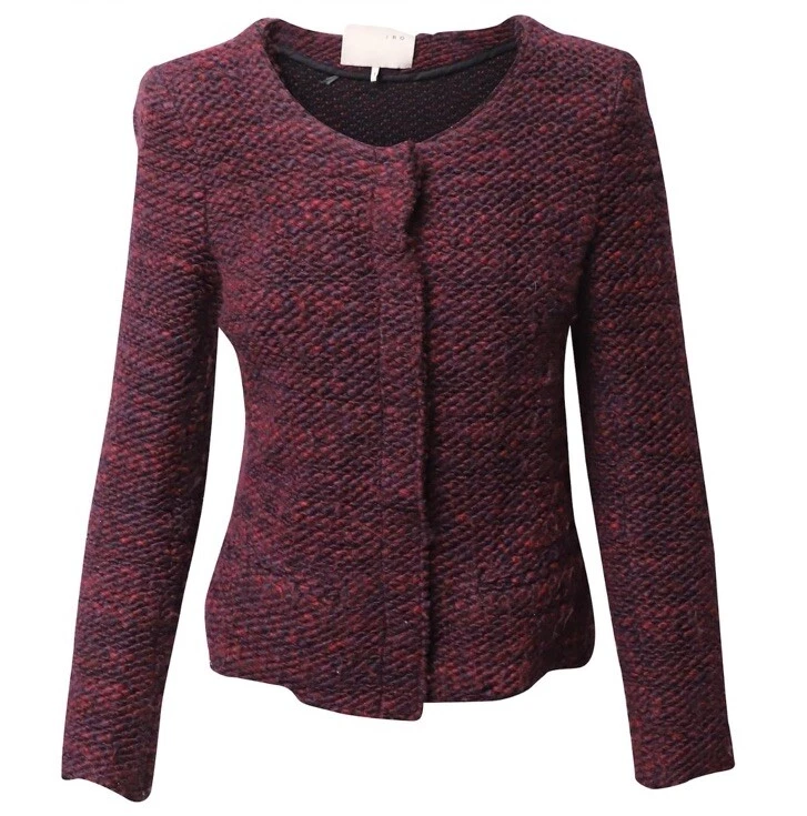 IRO Shena Boucle Fringed Tweed Blazer Burgundy Wool Sz 2 M - Image 4 of 4