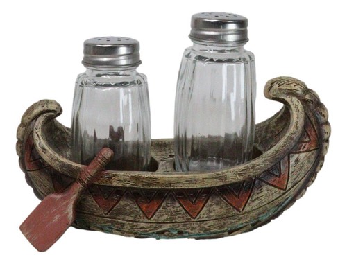 Southwestern Native Tribal Indian Canoe Boat Salt And Pepper Shakers Holder Set - 第 6/9 張圖片