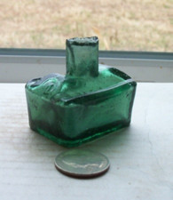 STUNNING GREEN BOAT INKWELL WITH TWO PEN RESTS EMBOSSED, M IN A BELL