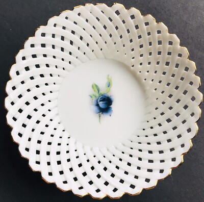 Moga Blue Rose Flower Porcelain Lace Basket Weave Bowl Floral Romania 3.75''