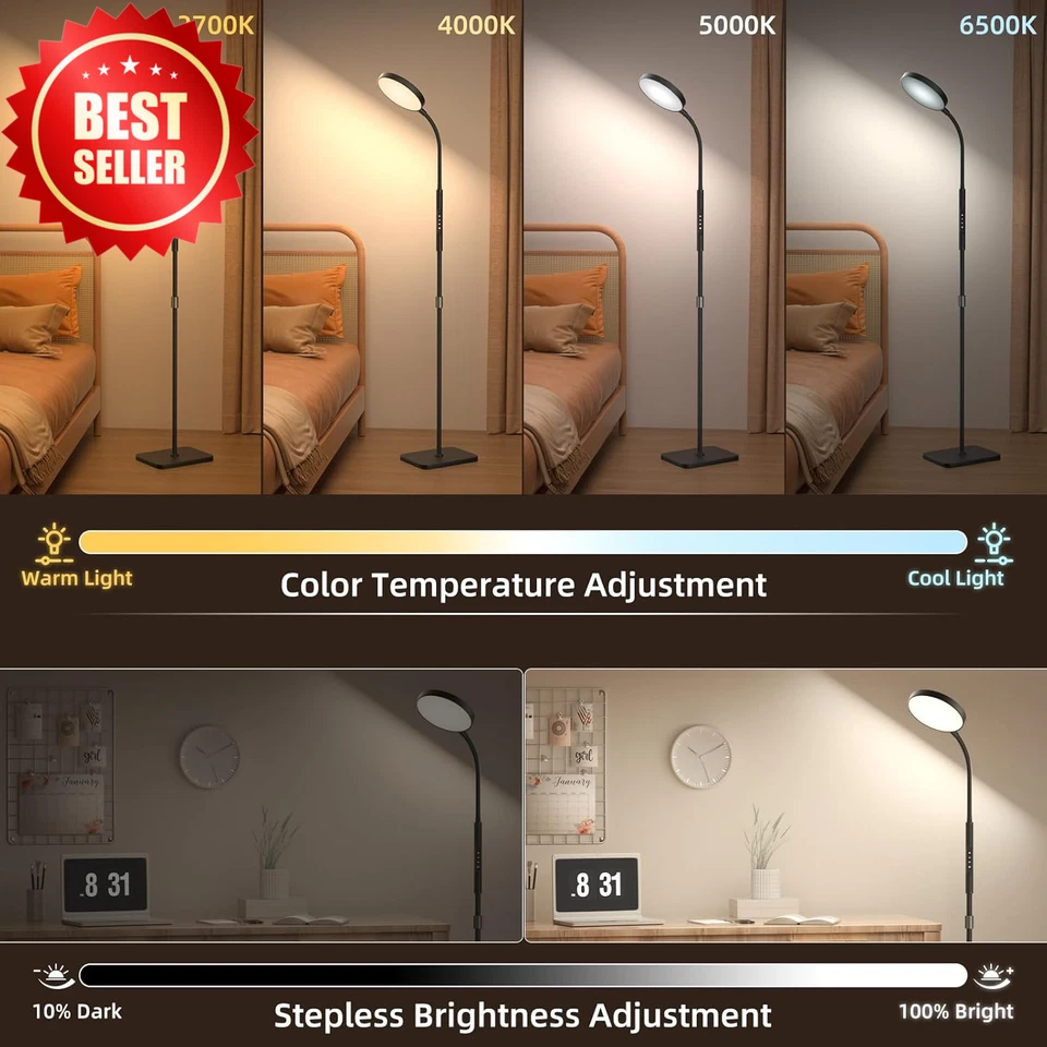 Lámpara de Pie Negra Altura Ajustable LED Regulable Soporte de Lectura con Control Remoto Táctil Foto 3 de 4