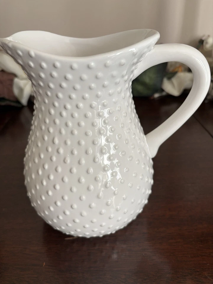 Timeless Treasures Pitcher White Ceramic Swiss Dot Design Hobnail Flower Vase - Image 4 of 4