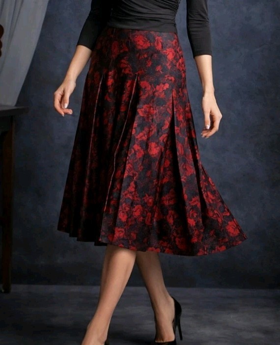 Long Tall Sally Floral Inverted Box Pleat Midi Skirt US 14 Silk-Feel Hidden Zip