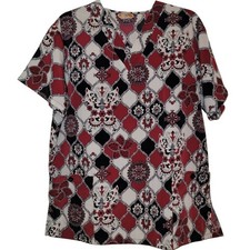 Silky Scrubs Short Slv Medical Top w Pockets Women Medium Maroon White Geometric