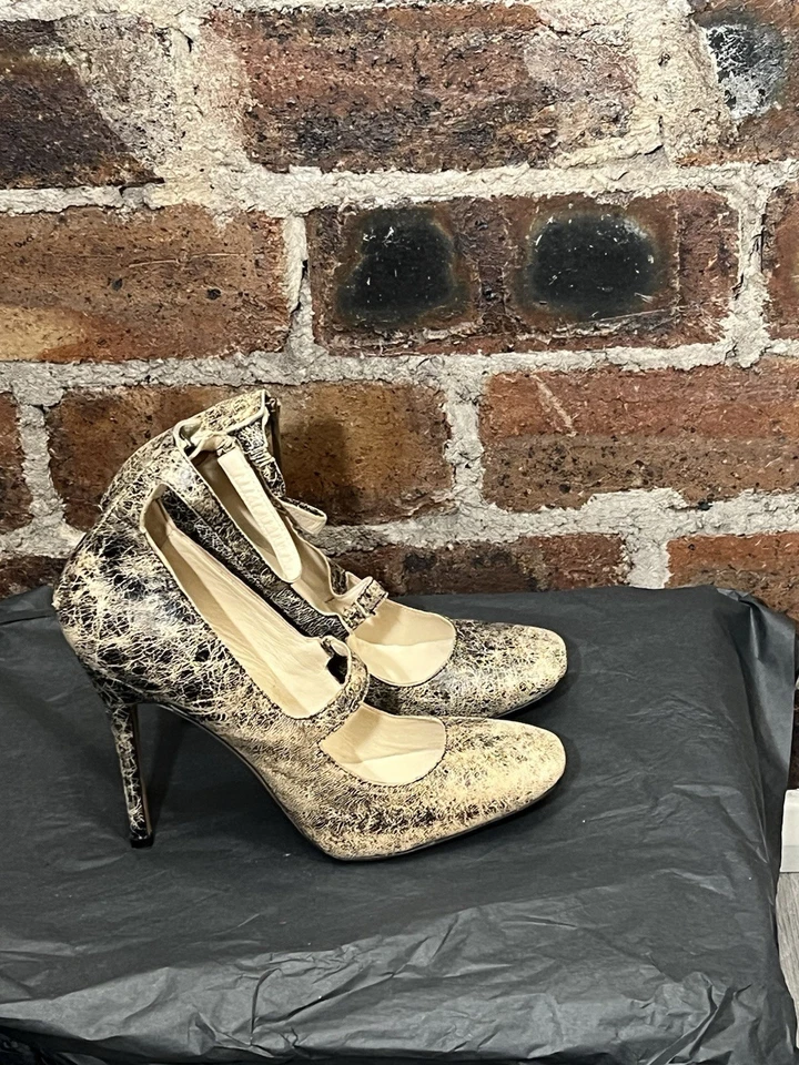 DIESEL BLACK GOLD Y2K BEIGE/BLACK CRACKLED LEATHER ANKLE STRAP HIGH SHOES UK 5 - Image 2 of 4