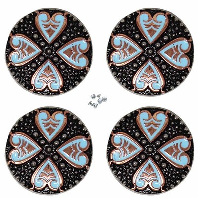 1-1/4'' Set of 4 Turquoise Engraved Hearts Tack Belt Bag Conchos Screw Back CO636