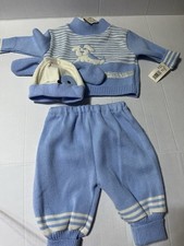 VTG 1987 Doe-Spun Baby Boy 3PC Knit Pram Set NWT Puppy Blue White Stripe 3-6M