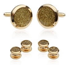 Men's Gold Diamond Dust Tuxedo Cuff links and Studs Formal Set with Presentat...