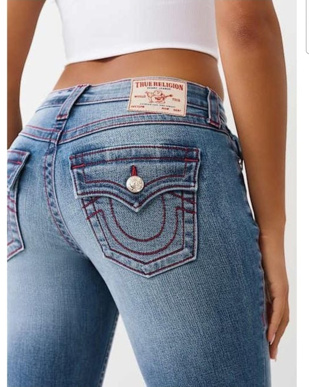 True Religion Big T Flap Flare Women's Jeans Blue Medium Wash Embroidered Denim