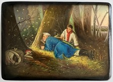 Original alte große russische Lackdose „Vogelfänger“ Fedoskino, 1961, signiert.