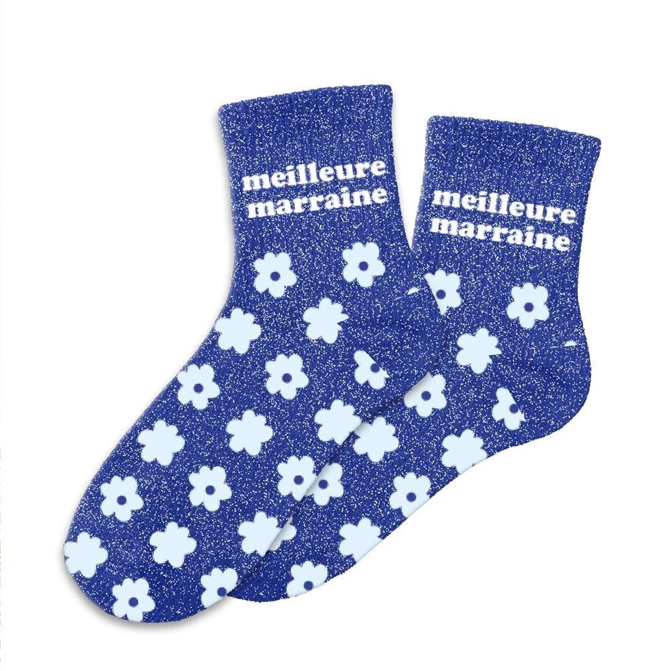 Chaussettes Bleues à Paillettes "Meilleure Marraine" - Photo 3/3