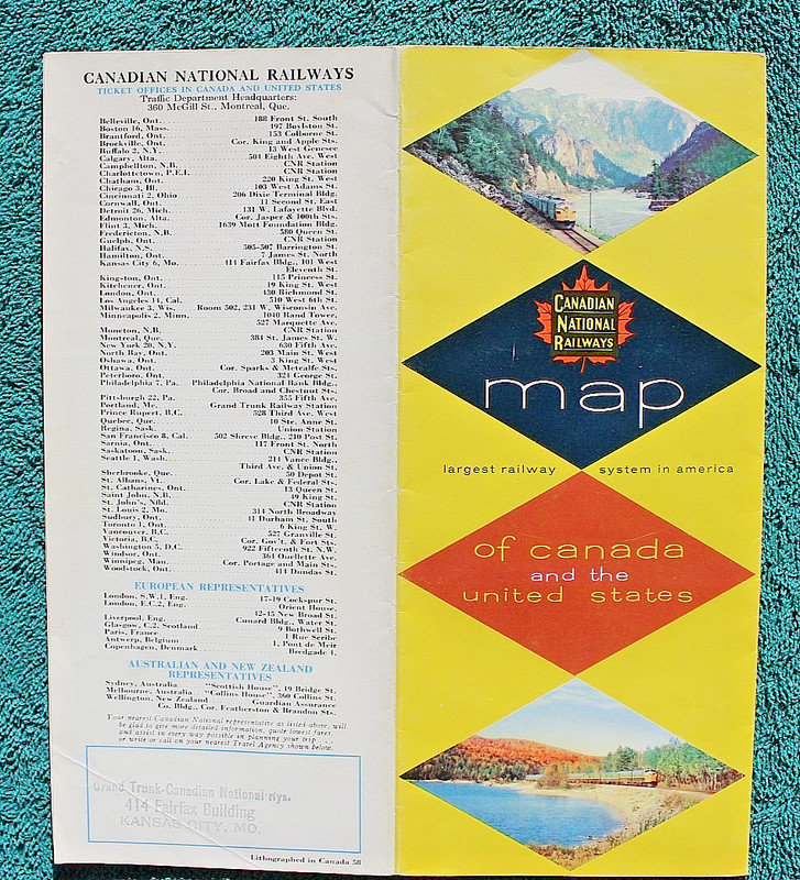 1958 CNR Railways Map Grand Trunk Railroad Canadian National Railway U.S. Canada