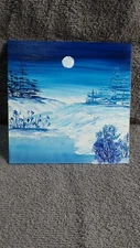 Original Oil Painting abstract Winter Snowscape blue snowy landscape trees pond