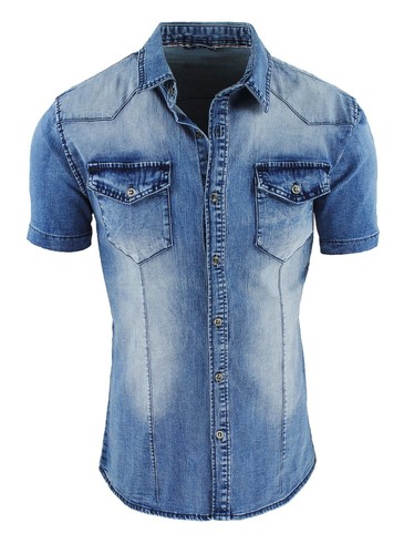 Camicia di Jeans uomo Blu denim a manica corta slim fit taglia S M L XL XXL  | eBay