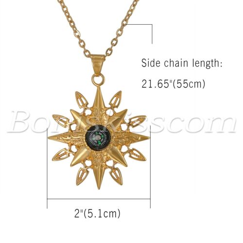 Men Retro Gold Tone Sun God Stainless Steel Titan Compass Pendant Necklace Chain - Picture 2 of 8