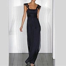 Amsale Navy Blue 100% Silk Crepe Formal Gown Maxi Dress Wedding Guess Size 8