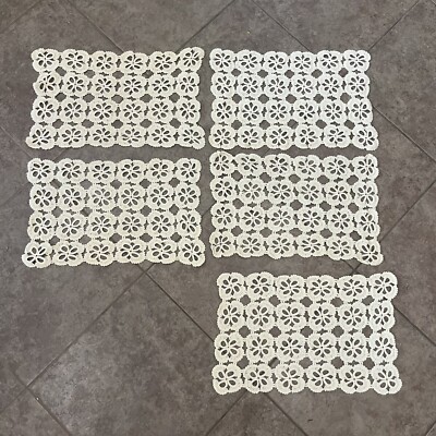 Vintage Set Of 5 Hand Crochet Cream Placemats elegant Boho Decor 13.5 By 21in