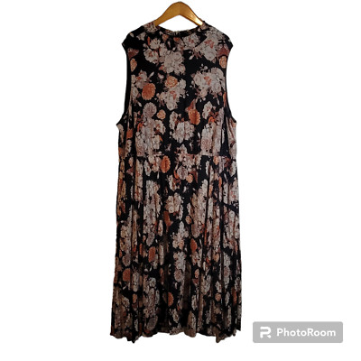 Torrid Midi Gauze Mock Neck Dress Womens 4X Black Floral Pockets Fairy Cottage