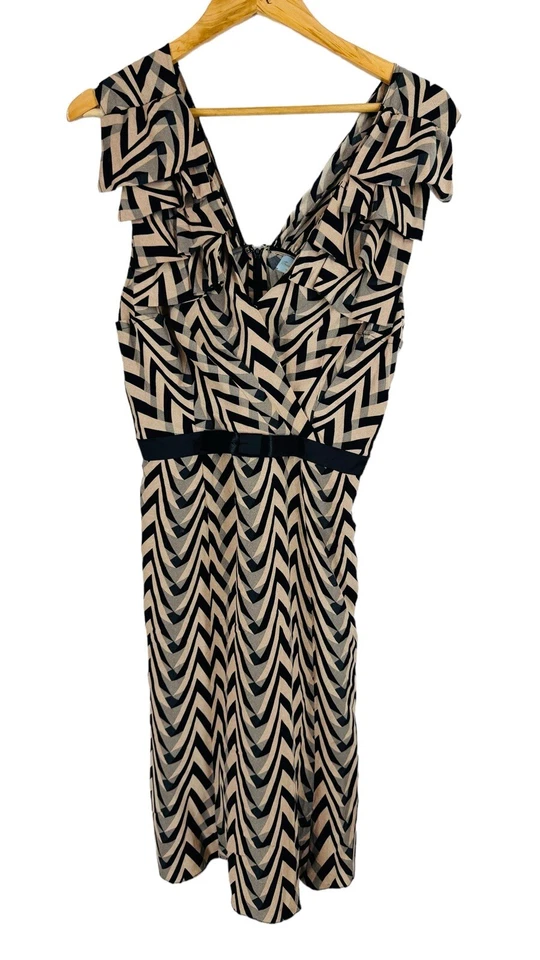 Vestido Tracy Reese New York Negro Tostado 100% Seda Talla 10 Volantes Corpiño Geométrico Foto 2 de 4