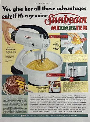 1949 Sunbeam Mixmaster Automatic Bowl Speed control Choclate Cake VTG Print Ad