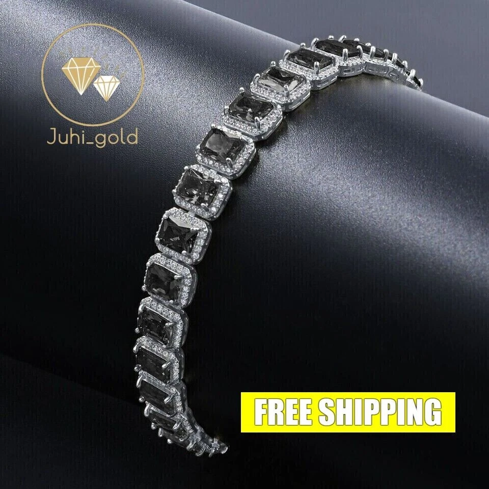 Brazalete de tenis de diamantes negros simulados con esmeralda de 16,0 quilates de plata de ley 925 blanca Foto 2 de 4