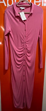 In The Style Pink Ruched, Button Down Midi Dress, Long Sleeve, NEW, Size 14, SF