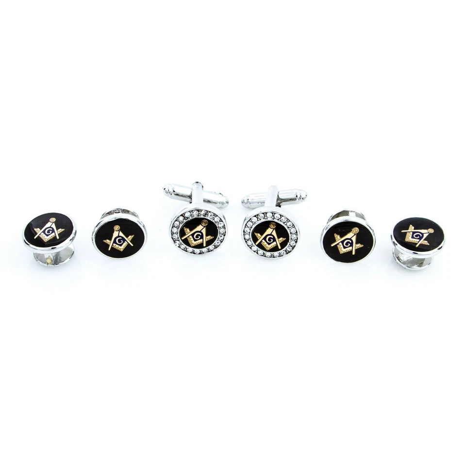 MRCUFF Freemason Masonic Crystal Mason Cufflinks & Studs Tuxedo Set in Gift Box - Image 2 of 4