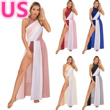 Women's Lyrical Dance Dress Halter Neck Leotard Maxi Overlay Dress Dancewear