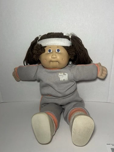 Vintage Cabbage Patch Kids Doll With Cat Jumper, Headband, Blue Eyes, Brown Hair