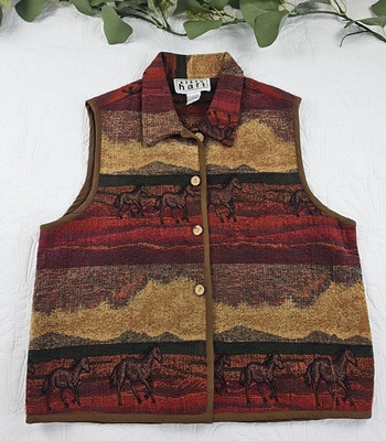 VTG Keren Hart Women's Horses Button Vest Size L Cotton