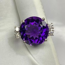 Natural Amethyst 12mm Round Ring 925 Sterling Silver Purple Gemstone