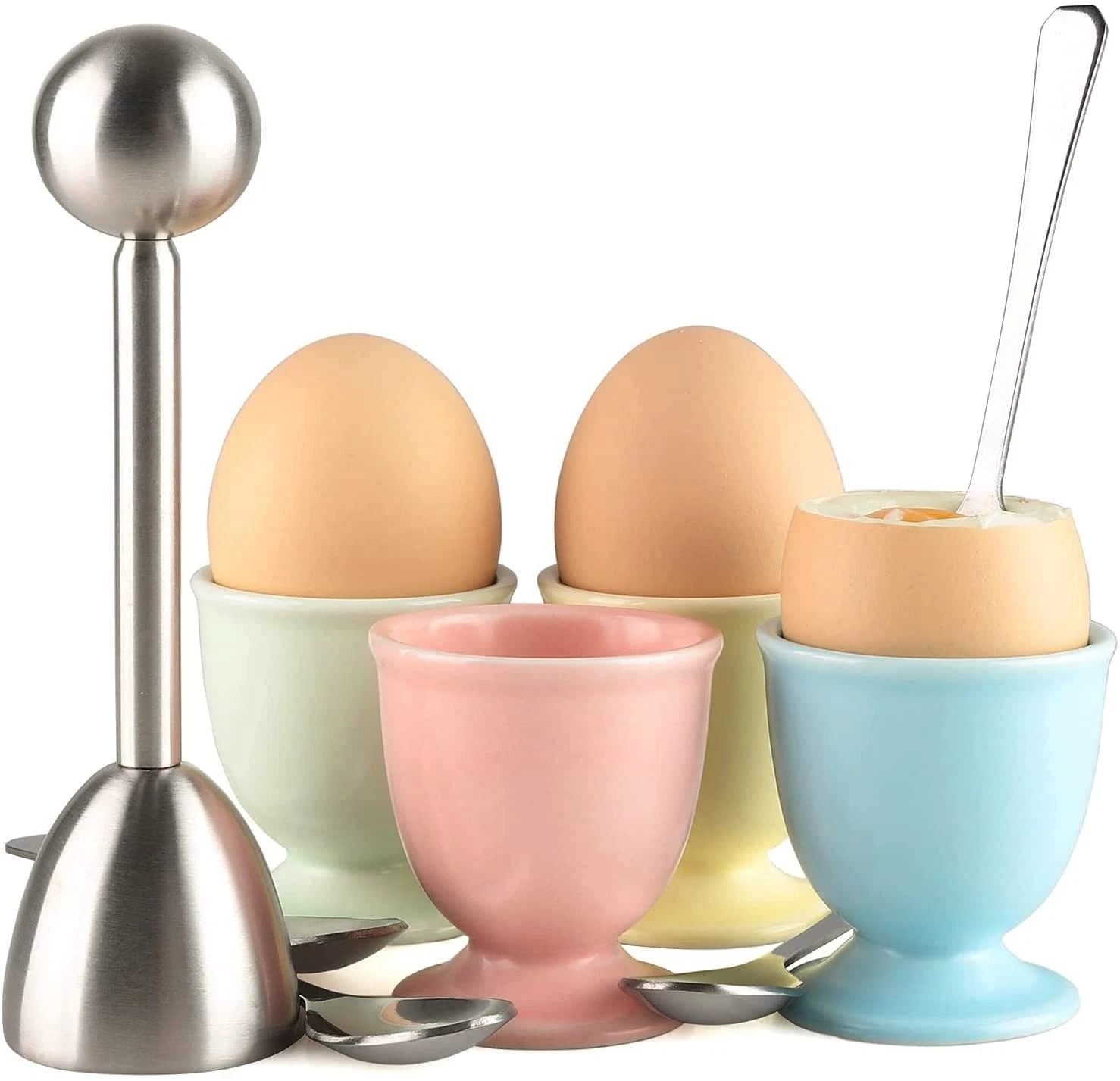 Ceramic Egg Cup Set with Egg Cracker & Spoons for Soft/Hard Boiled Eggs - 5 Pcs
Opens in a new windo