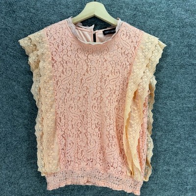 Lofty Manner Blouse Women M Pink Paisley Crochet Hook & Eye Cotton Top