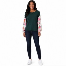 Matilda Jane Forest Green Floral Contrast Sleeve Knit Top XL