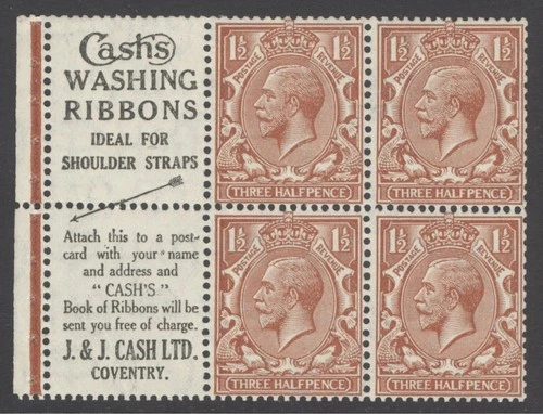 40.GB SG spec NB15a(12) GV 1911-24. 1½d booklet pane with 2 advertising labels..