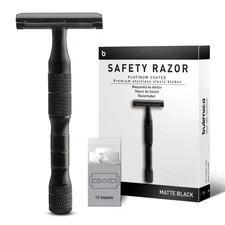Matte Black Safety Razor with 10 Stainless Steel Blades for Smooth Shaving