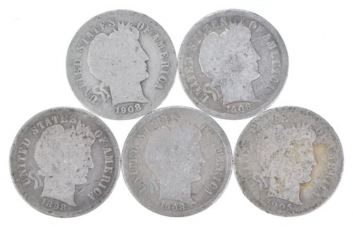 Better Lot 5 1908-D 1908-D 1898 1908-O 1905-S Barber Dime 0.50 Face *233