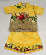 Vintage Kids Shirt Shorts Set Kys Size 8 90s Yellow Surf Car Cotton Made Hawaii