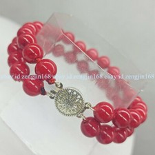 2 Row Natural 8mm South Sea Red Coral Round Gemstone Beads Bracelet 7.5" AAA