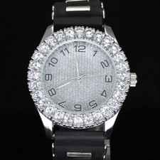 Men Big Face Iced Bezel 44mm CZ Silver Plated...