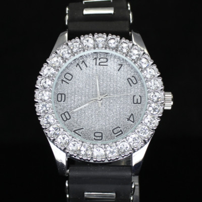 Men Big Face Iced Bezel 44mm CZ Silver Plated Rubber Strap Quartz HipHop Watch